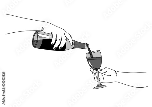 Illustration of a hand pouring wine or champagne from a bottle into a wine glass, with droplets and spill details. The image is in grayscale, with simple, clean lines and a minimalist style.