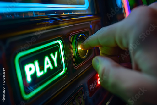 Pushing play button of casino slot machine, Generative AI