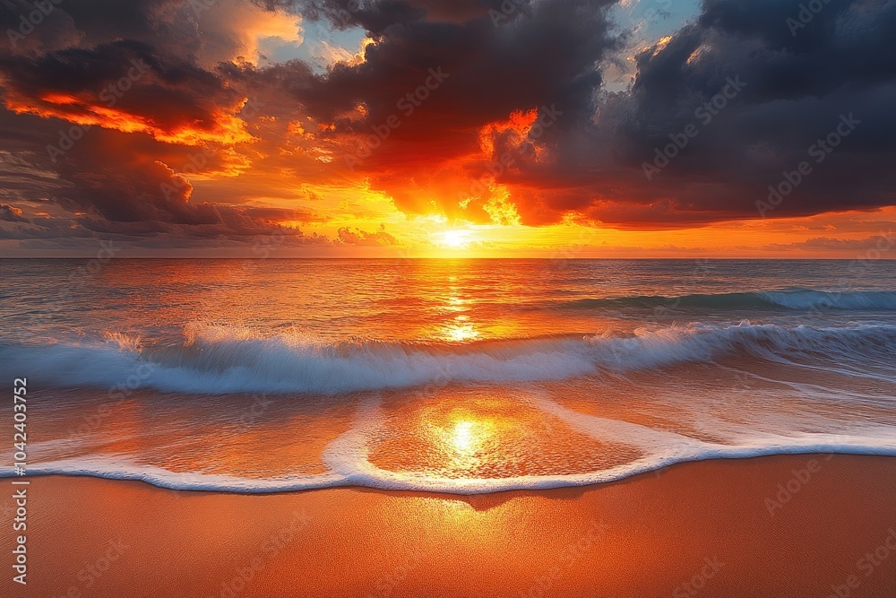 Fototapeta premium Sunset over ocean with waves. Perfect for a travel brochure or website promoting tropical getaways.