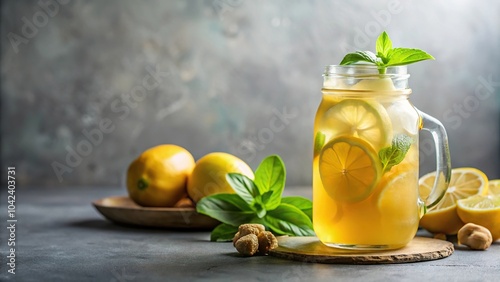 refreshing non alcoholic cocktail with honey ginger lemonade and basil flavor photo