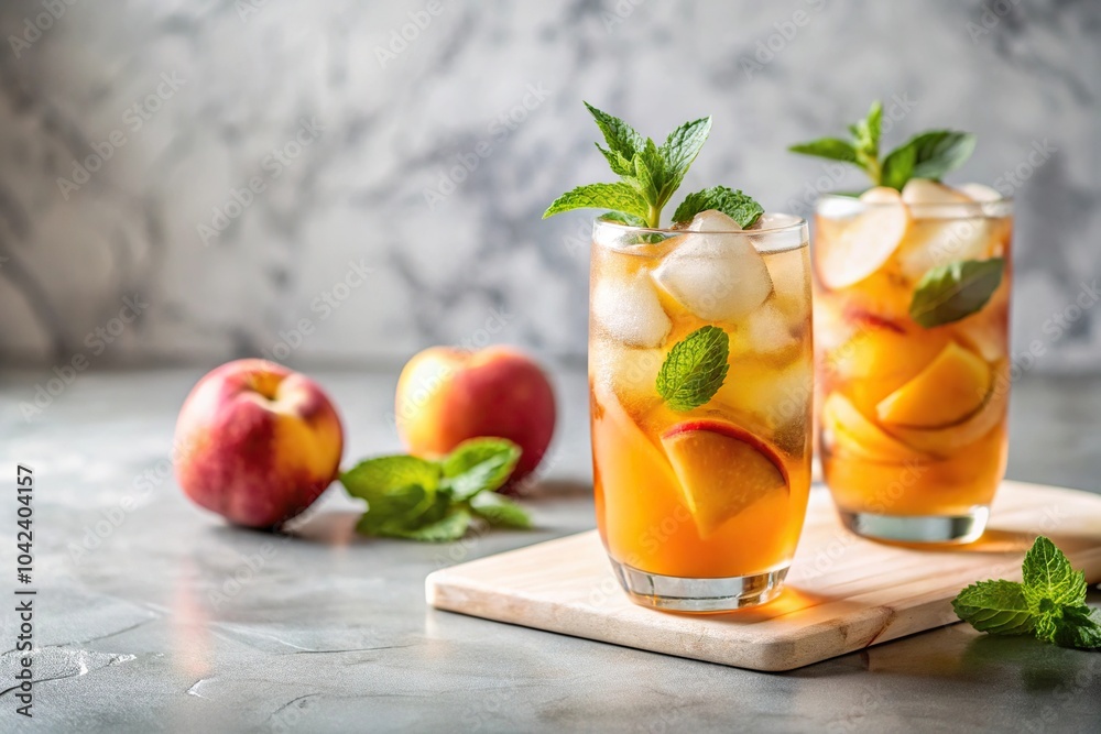 Refreshing peach cocktail lemonade or iced tea in a glass on a marble board on a light background Refreshing peach cocktail lemonade or iced tea in a glass on a marble board on a light background