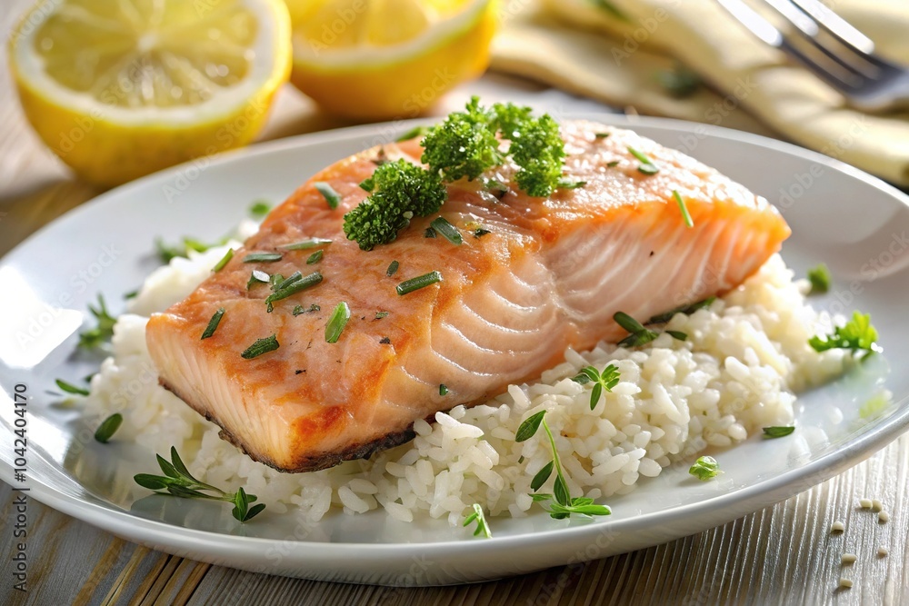 Delicious cooked salmon and rice with lemon Delicious cooked salmon and rice with lemon