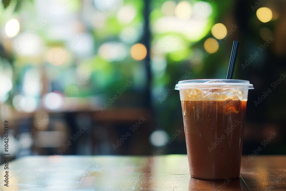 A glass of iced coffee with a straw on a wooden table, with a blurred background of a cafe. A glass of iced coffee with a straw on a wooden table, with a blurred background of a cafe.
