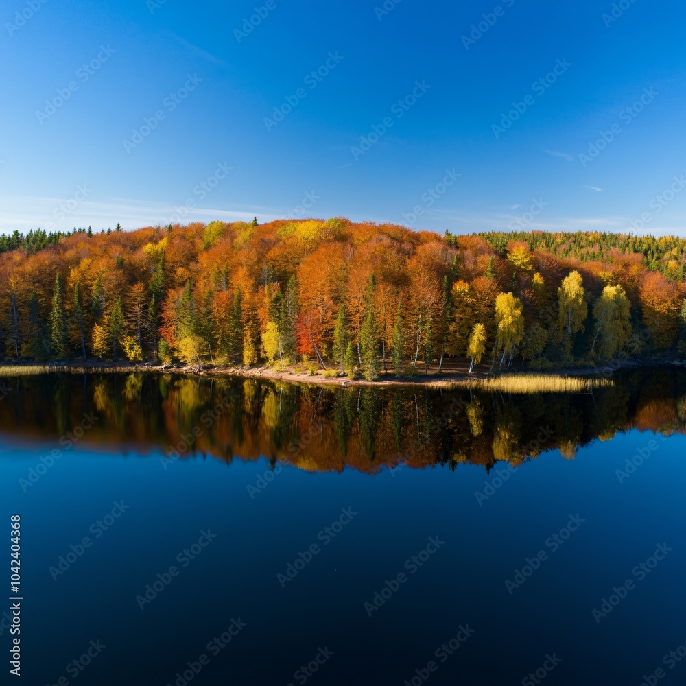 Obraz premium Calm lake reflecting a colorful autumn forest