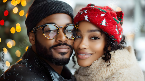 A joyful couple poses toget...