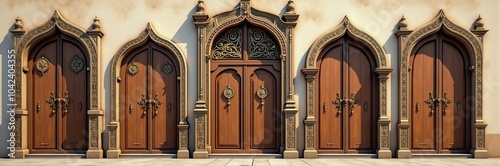 A series of intricately designed wooden doors with ornate details, perfect for architectural projects, heritage sites, or interior design concepts.