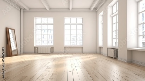 Empty room with wooden floor and large windows.