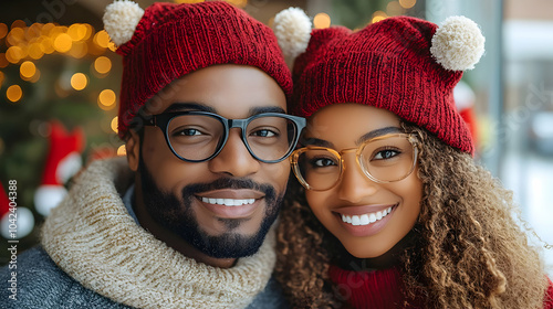 A joyful couple in festive ...