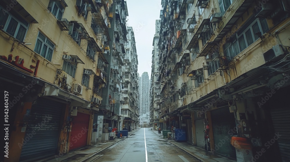 Fototapeta premium A deserted street flanked by tall, aged buildings in a dense urban environment, showcasing intricate architecture and a sense of isolation.