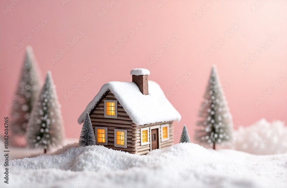 Fototapeta premium Christmas AI miniatur house and trees on the minimalistic background. 