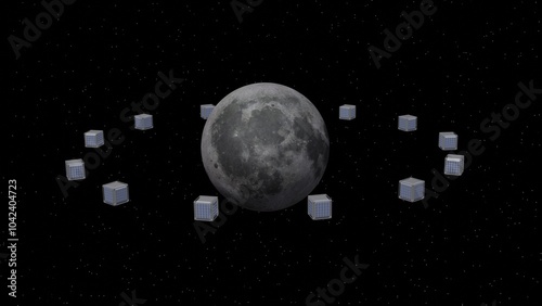 Cubesats orbiting Moon. Nanosatellites circling around Moon. 3d render illustration