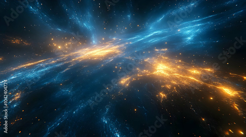 A vibrant cosmic scene depicting swirling galaxies and stars.