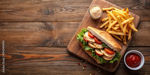 Delicious deli sandwich with fries and condiments on wooden surface