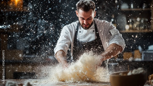 Chef kneading dough with flour flying in a dramatic kitchen scene