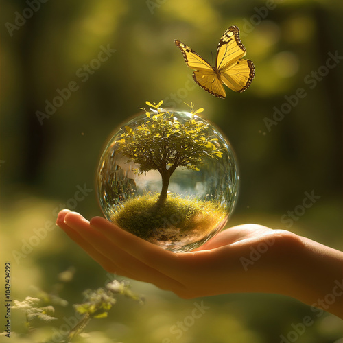 A hand holds a crystal globe with a growing tree, while a yellow butterfly flies nearby. This image reminds us to protect our planet and keep it clean. It's a message for Earth Day. photo