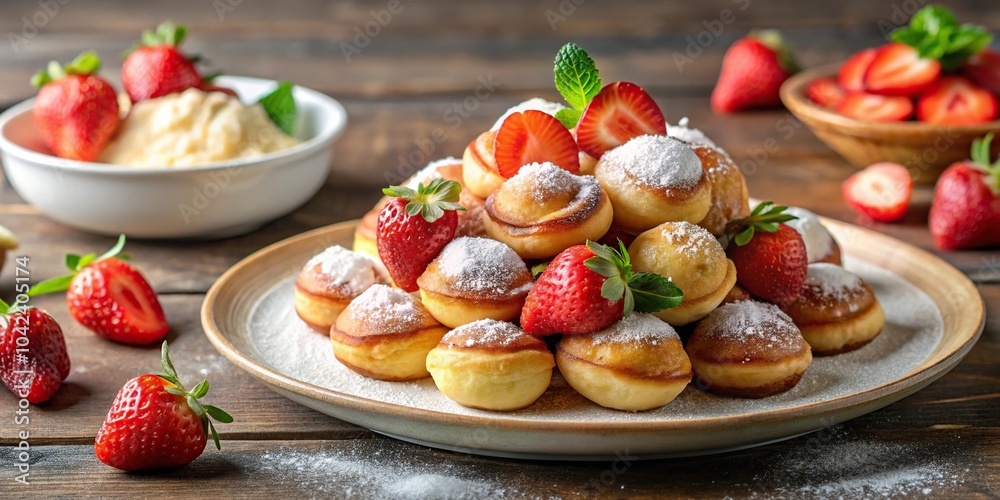 Delicious Dutch mini pancakes served with strawberries and cream Delicious Dutch mini pancakes served with strawberries and cream