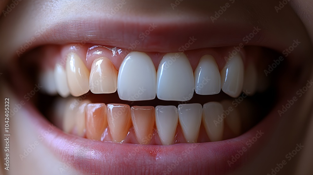Fototapeta premium Blog post showcasing the effectiveness of teeth whitening, with before-and-after photos highlighting the dramatic change from stained teeth to a bright, white smile