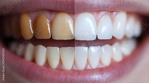 Close-up comparison of teeth before and after an at-home whitening kit, showing the effective removal of stains and the resulting bright, white smile