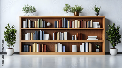A wooden bookshelf filled w...
