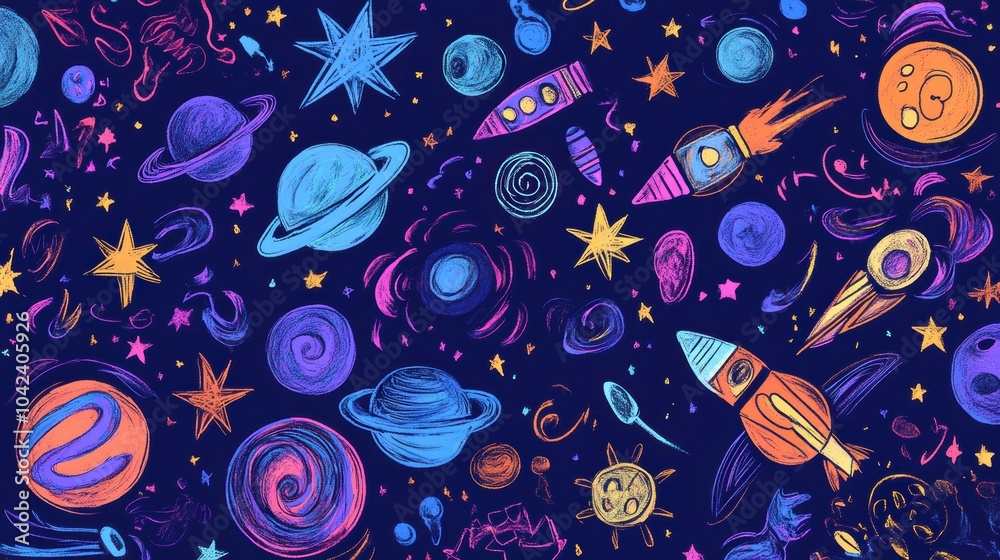 Naklejka premium A collection of whimsical cosmic doodles featuring various planets, stars, rockets, and asteroids against a dark background. Generative AI