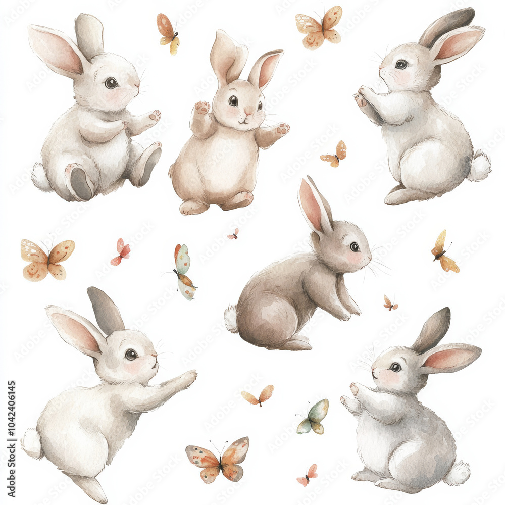 A charming set of watercolor bunny illustrations showing rabbits playing with each other, bouncing, and chasing butterflies. The hand-painted bunnies are full of personality, set against a white A charming set of watercolor bunny illustrations showing rabbits playing with each other, bouncing, and chasing butterflies. The hand-painted bunnies are full of personality, set against a white
