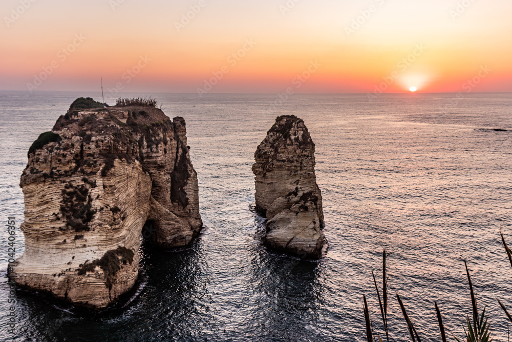 Fototapeta premium Sunset view of Pigeon Rock in Beirut, Lebanon