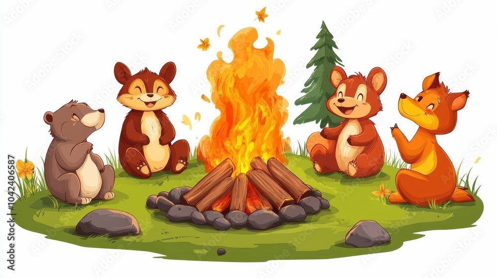 Illustration for a campfire surrounded by talking animals Illustration for a campfire surrounded by talking animals