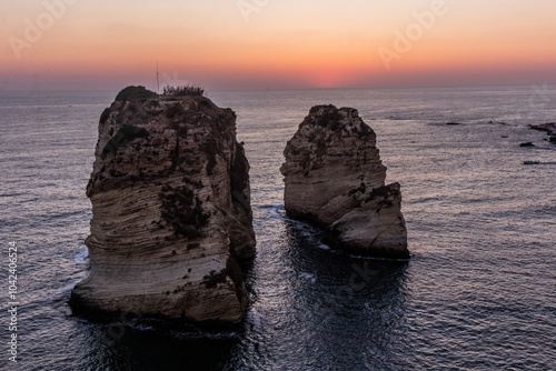 Sunset view of Pigeon (Al Raouche) Rocks in Beirut, capital of Lebanon
