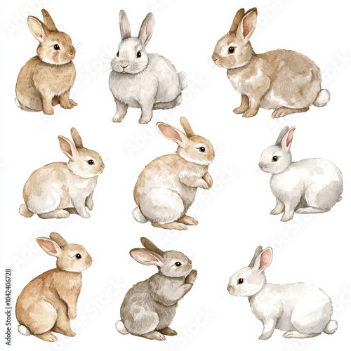 A cute bunny set featuring watercolor illustrations of funny rabbits playing with each other and exploring their surroundings. The bunnies are painted in light tones, creating a charming and whimsical