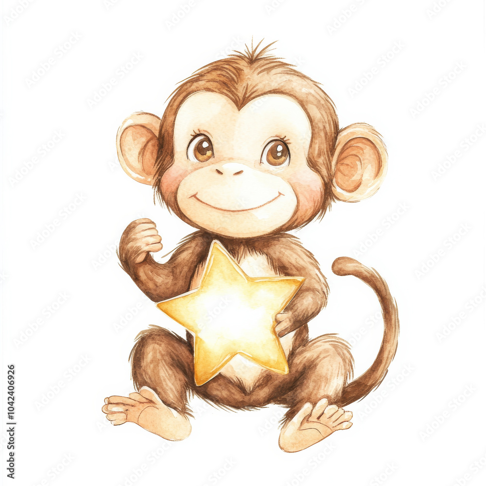Fototapeta premium A cute monkey holding a bright star, sitting on an isolated white background. Watercolor hand-drawn illustration, ideal for a fun and cheerful children's poster or room decor.