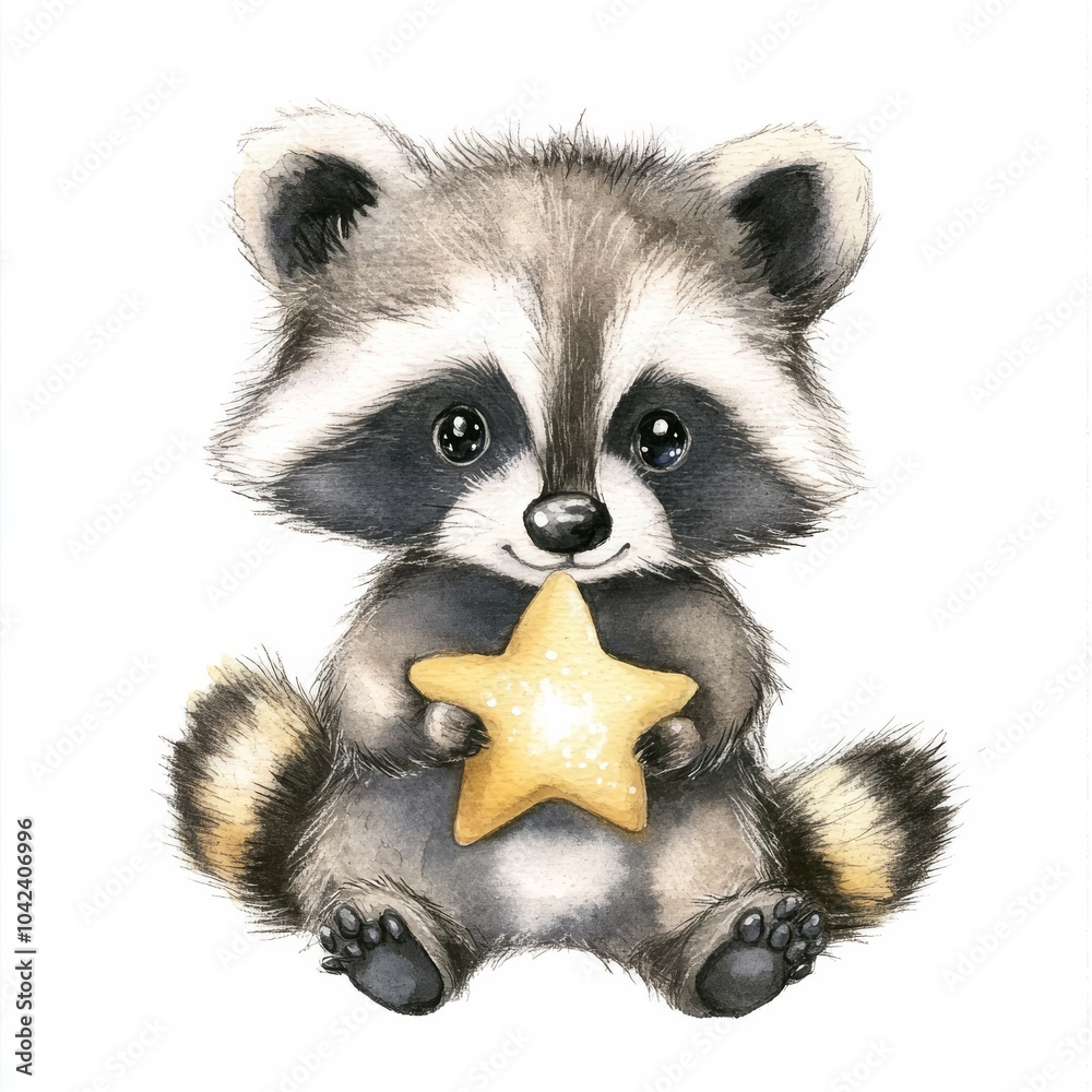 Obraz premium A cute raccoon holding a twinkling star, sitting on an isolated white background. Watercolor hand-drawn illustration, ideal for whimsical nursery art and fun animal designs.