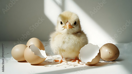 A chick surrounded by eggsh...
