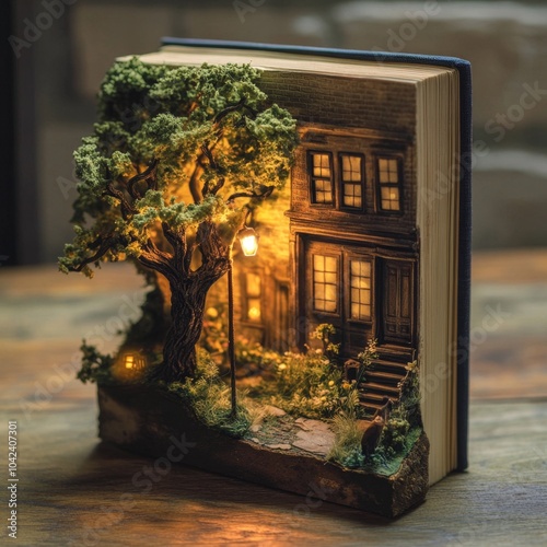 Miniature 3D scene of a house with a tree and a streetlamp carved inside the pages of an open book. photo