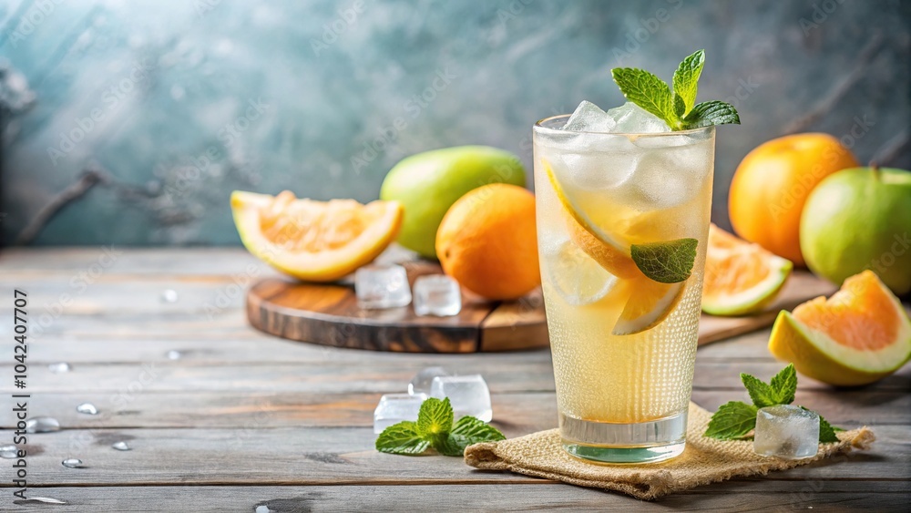 Refreshing summer drink with lemonade, citrus fruits, and ice cubes Refreshing summer drink with lemonade, citrus fruits, and ice cubes