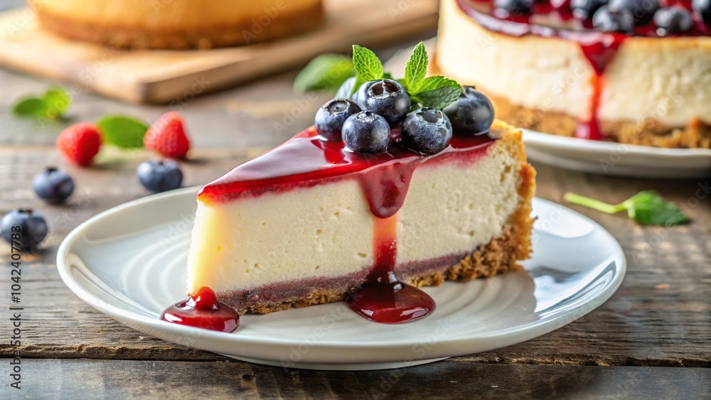 Delicious homemade cheesecake with berry sauce in forced perspective Delicious homemade cheesecake with berry sauce in forced perspective