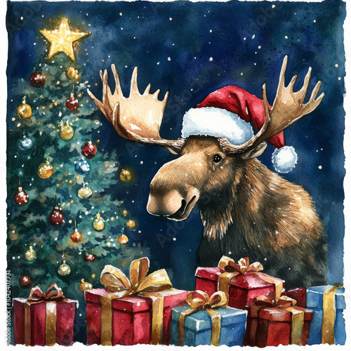 A joyful Christmas moose wearing a Santa hat, surrounded by presents near a twinkling Christmas tree. Watercolor illustration for holiday-themed designs and New Year celebrations. photo