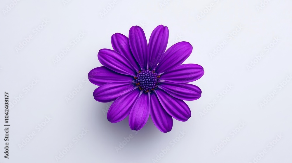 Minimalist shot of an osteospermum daisy, vibrant purple petals and dark center standing out against a bright white background, clean and elegant composition Minimalist shot of an osteospermum daisy, vibrant purple petals and dark center standing out against a bright white background, clean and elegant composition