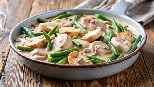 Delicious hot dish of chicken, mushrooms, and green beans in creamy sauce