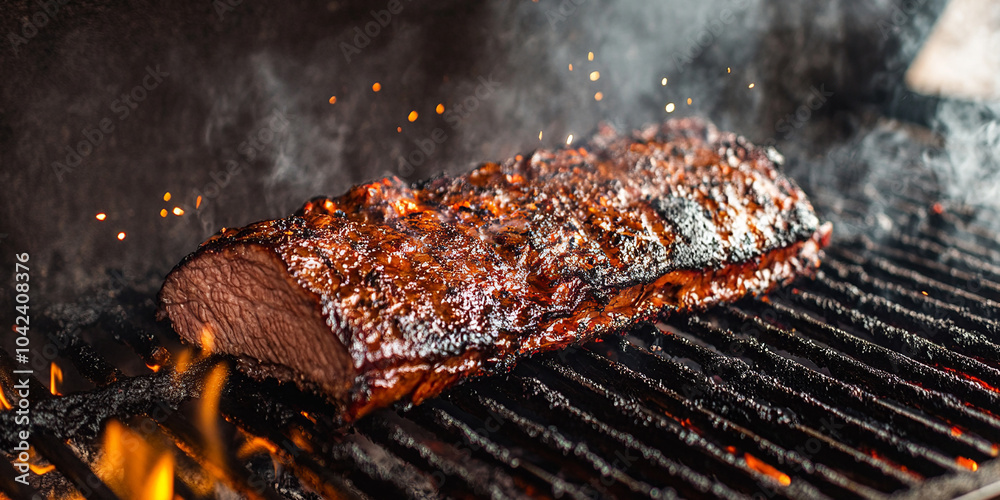 Brisket on barbecue grill with fire, sparks and smoke Brisket on barbecue grill with fire, sparks and smoke