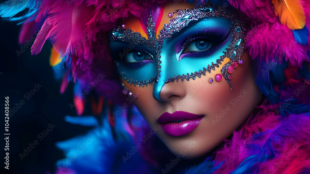 Sparkling Blue Mask with Glittery Feathers