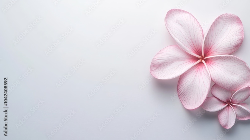 Single pink plumeria flower, centered on a crisp white background, smooth petals with gentle curves and vibrant color contrast, minimalistic elegance Single pink plumeria flower, centered on a crisp white background, smooth petals with gentle curves and vibrant color contrast, minimalistic elegance