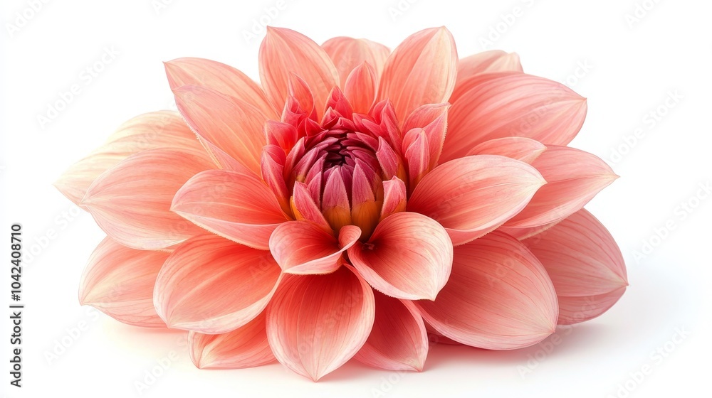 Fototapeta premium Detailed close-up of a pink dahlia, isolated on white, vibrant petals perfect for floral designs and advertising, clean and elegant presentation