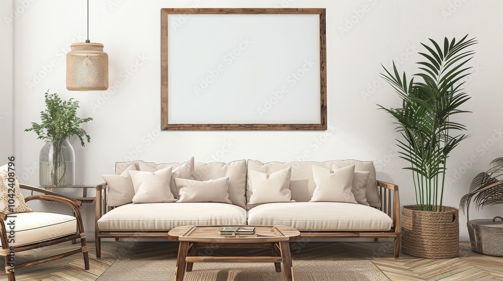 Fototapeta premium A modern living room with a neutral color palette featuring a white sofa, a wooden coffee table and a large framed canvas.
