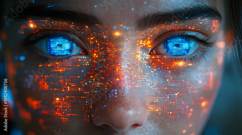 Close-up of a face with digital patterns and glowing blue eyes.
