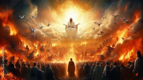 Jesus Christ is sitting on a throne in the clouds as angels battle demons in a fiery sky above a massive crowd of people