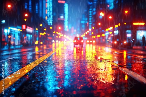 City Street at Night with Rain and Blurred Lights