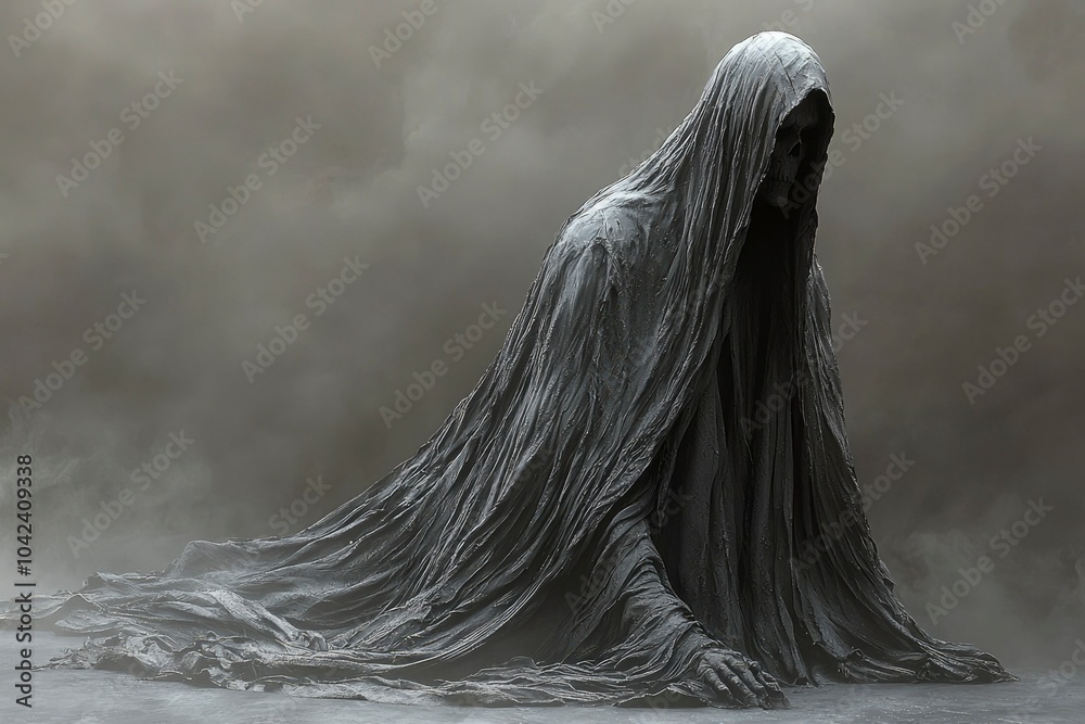 A skeletal figure cloaked in darkness, kneeling on a foggy surface. A skeletal figure cloaked in darkness, kneeling on a foggy surface.