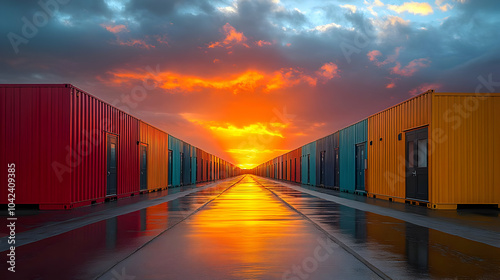 Sunset over colorful shippi...