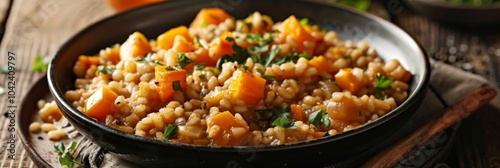 Creamy buckwheat risotto studded with chunks of roasted butternut squash creating a sweet and savory sensation.