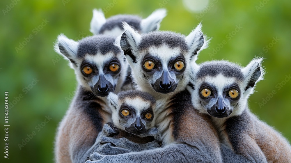 Obraz premium A group of five ring-tailed lemurs, including a baby lemur, look at the camera with curious expressions. The lemurs are huddled together, with the baby lemur being held by one of the adults. 